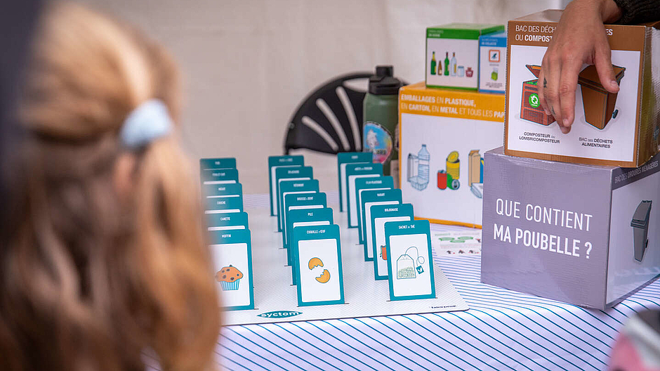 Photo d'un jeu de cartes écologique avec une inscription "que contient ma poubelle"
